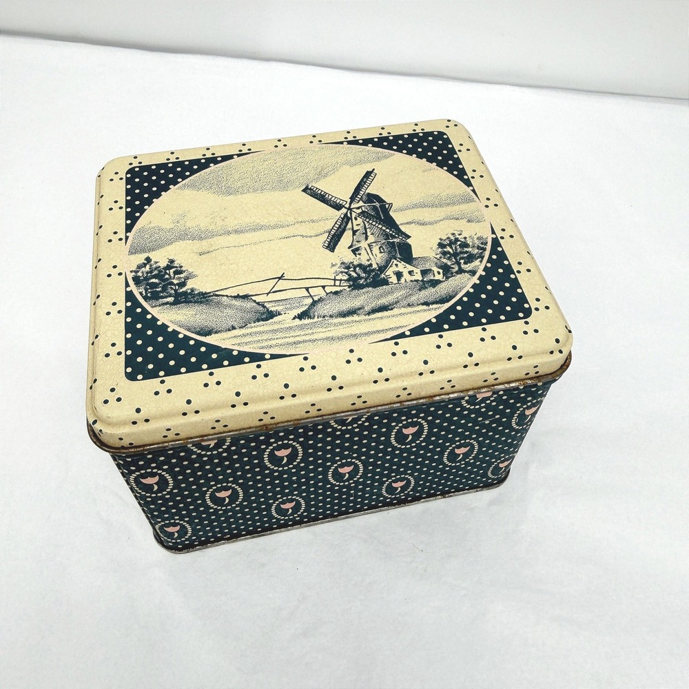 Vintage Windmill Tin‎ Trinket Box Polka Dot Floral Storage Decor Cottage Kitsch